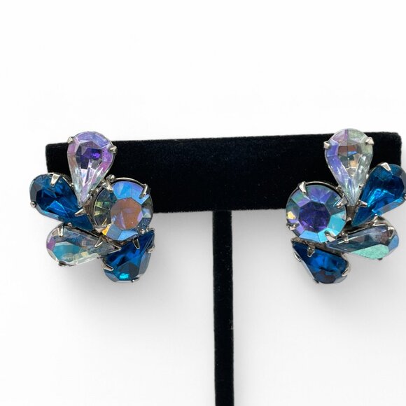 Vintage Blue and AB Rhinestone Clip-On Earrings Large Stones Prong Set Silver - Picture 4 of 10